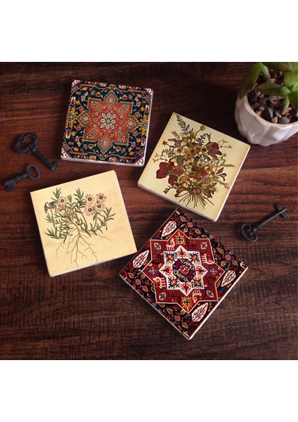 Vintage Çiçek, Desen Taş Bardak Altlığı Masaüstü Koruyucu Altlık 4 Parça Set 10x10cm Stone Coasters SC502