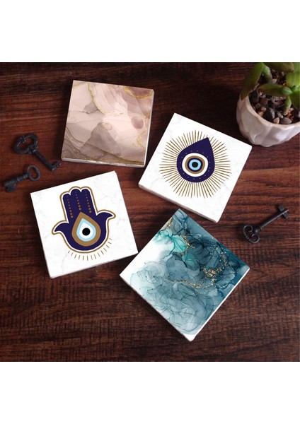 Fatma Ana Eli (Hamsa), Nazar, Soyut Sanat Taş Bardak Altlığı Masaüstü Koruyucu Altlık 4 Parça Set 10x10cm Stone Coasters SC297
