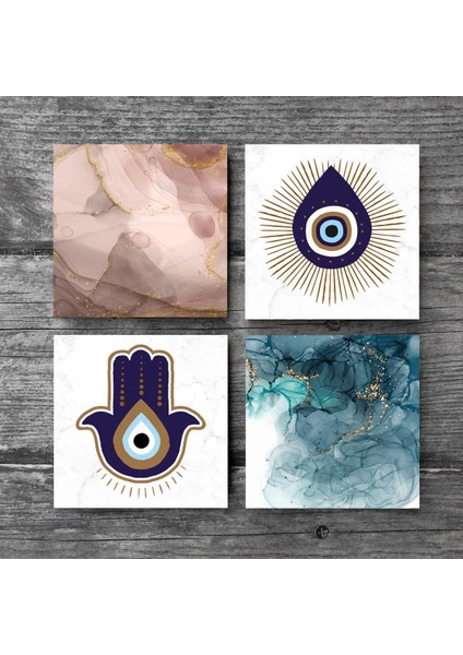 Fatma Ana Eli (Hamsa), Nazar, Soyut Sanat Taş Bardak Altlığı Masaüstü Koruyucu Altlık 4 Parça Set 10x10cm Stone Coasters SC297 modelleri