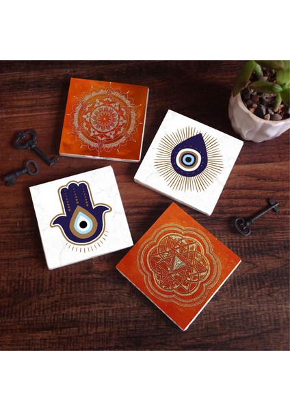 Fatma Ana Eli (Hamsa), Nazar, Sri Yantra, Mandala Taş Bardak Altlığı Masaüstü Koruyucu Altlık 4 Parça Set 10x10cm Stone Coasters SC298