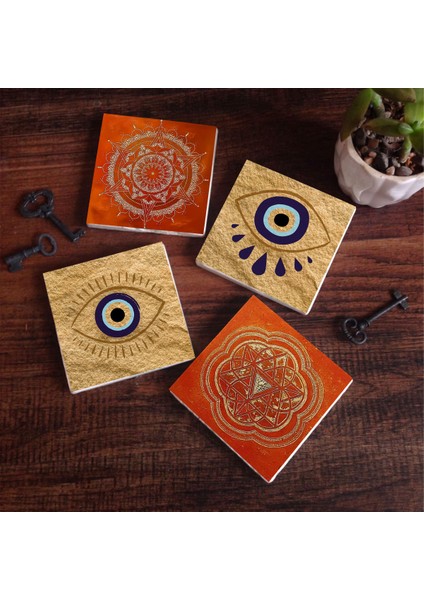 Stone Nazar, Sri Yantra, Mandala Taş Bardak Altlığı – 4’lü Set, 10x10 cm Dekoratif Masaüstü Koruyucu Doğaltaş Altlık |SC301|