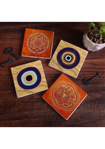 Nazar, Sri Yantra, Mandala Taş Bardak Altlığı Masaüstü Koruyucu Altlık 4 Parça Set 10x10cm Stone Coasters SC302