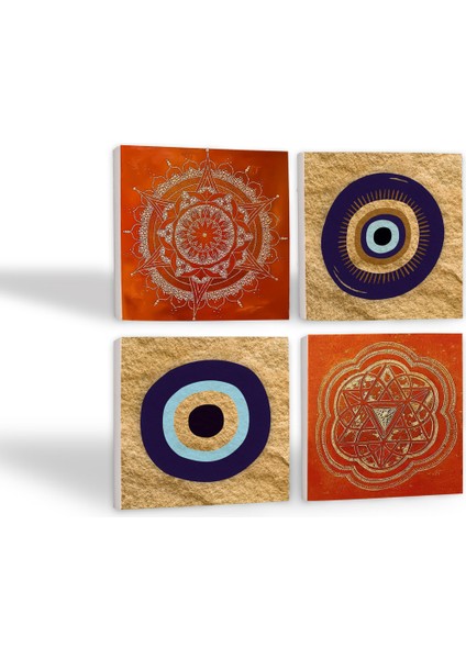 Nazar, Sri Yantra, Mandala Taş Bardak Altlığı Masaüstü Koruyucu Altlık 4 Parça Set 10x10cm Stone Coasters SC302 fiyatları