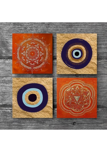 Nazar, Sri Yantra, Mandala Taş Bardak Altlığı Masaüstü Koruyucu Altlık 4 Parça Set 10x10cm Stone Coasters SC302 modelleri
