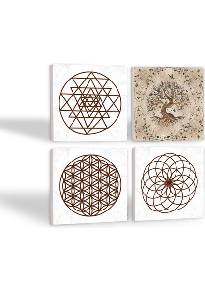 Yaşam Çiçeği, Sri Yantra, Hayat Ağacı Taş Bardak Altlığı Masaüstü Koruyucu Altlık 4 Parça Set 10x10cm Stone Coasters SC104 fiyatları