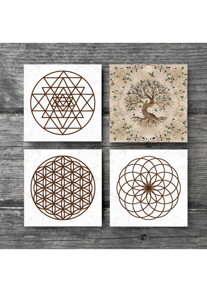 Yaşam Çiçeği, Sri Yantra, Hayat Ağacı Taş Bardak Altlığı Masaüstü Koruyucu Altlık 4 Parça Set 10x10cm Stone Coasters SC104 modelleri