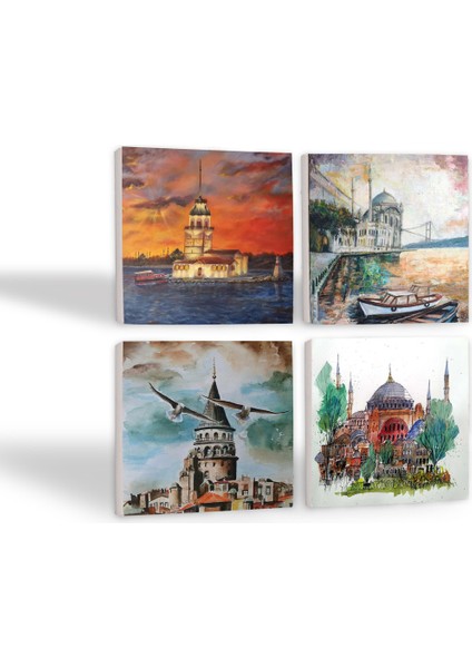İstanbul Ayasofya, Galata Kulesi, Kız Kulesi, Ortaköy Taş Bardak Altlığı – 4’lü Set, 10x10 cm Dekoratif Masaüstü Koruyucu Doğaltaş Altlık |SC105| fiyatları
