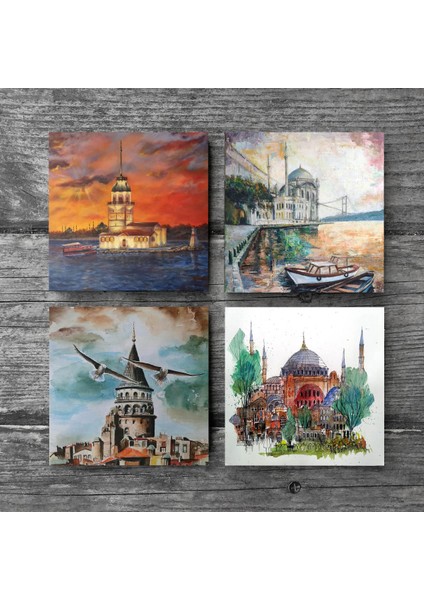 İstanbul Ayasofya, Galata Kulesi, Kız Kulesi, Ortaköy Taş Bardak Altlığı – 4’lü Set, 10x10 cm Dekoratif Masaüstü Koruyucu Doğaltaş Altlık |SC105| modelleri