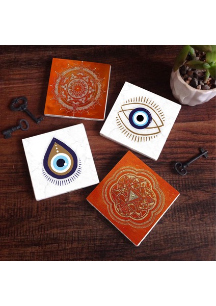 Nazar, Sri Yantra, Mandala Taş Bardak Altlığı – 4’lü Set, 10x10 cm Dekoratif Masaüstü Koruyucu Doğaltaş Altlık |SC304|