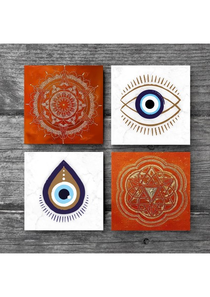 Nazar, Sri Yantra, Mandala Taş Bardak Altlığı – 4’lü Set, 10x10 cm Dekoratif Masaüstü Koruyucu Doğaltaş Altlık |SC304| modelleri