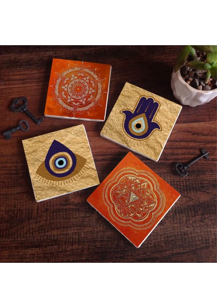 Stone Fatma Ana Eli (Hamsa), Nazar, Sri Yantra, Mandala Taş Bardak Altlığı – 4’lü Set, 10x10 cm Dekoratif Masaüstü Koruyucu Doğaltaş Altlık |SC305|