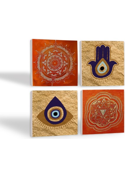 Stone Fatma Ana Eli (Hamsa), Nazar, Sri Yantra, Mandala Taş Bardak Altlığı – 4’lü Set, 10x10 cm Dekoratif Masaüstü Koruyucu Doğaltaş Altlık |SC305| fiyatları