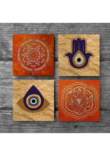 Stone Fatma Ana Eli (Hamsa), Nazar, Sri Yantra, Mandala Taş Bardak Altlığı – 4’lü Set, 10x10 cm Dekoratif Masaüstü Koruyucu Doğaltaş Altlık |SC305| modelleri