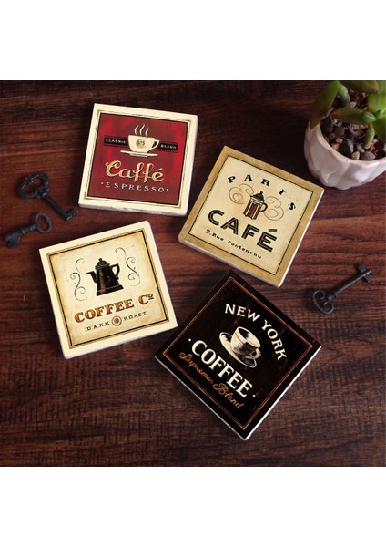 Stone Kahve Taş Bardak Altlığı – 4’lü Set, 10x10 cm Dekoratif Masaüstü Koruyucu Doğaltaş Altlık |SC108|