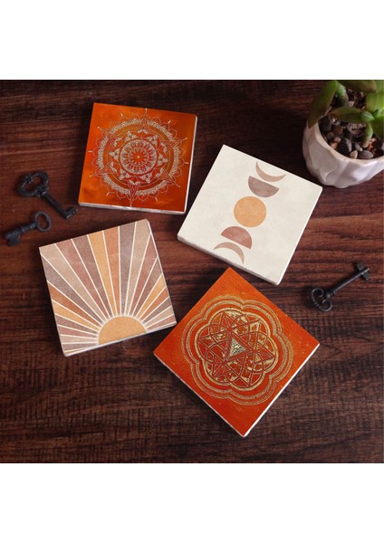Minimalist Soyut, Sri Yantra, Mandala Taş Bardak Altlığı Masaüstü Koruyucu Altlık 4 Parça Set 10x10cm Stone Coasters SC306