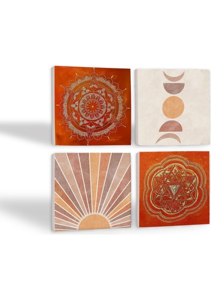 Minimalist Soyut, Sri Yantra, Mandala Taş Bardak Altlığı Masaüstü Koruyucu Altlık 4 Parça Set 10x10cm Stone Coasters SC306