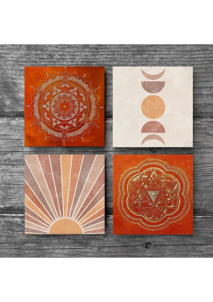 Minimalist Soyut, Sri Yantra, Mandala Taş Bardak Altlığı Masaüstü Koruyucu Altlık 4 Parça Set 10x10cm Stone Coasters SC306