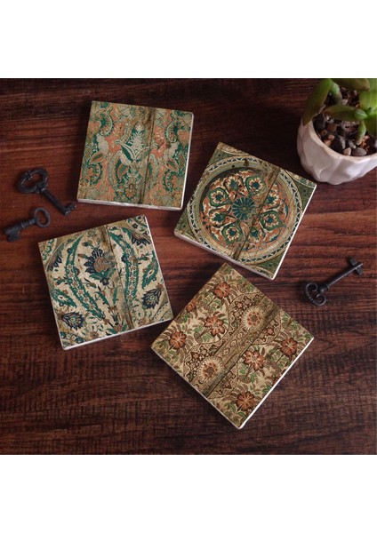 Vintage Desen Taş Bardak Altlığı Masaüstü Koruyucu Altlık 4 Parça Set 10x10cm Stone Coasters SC109