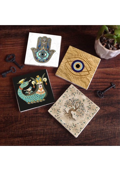 Nazar, Şahmeran, Hayat Ağacı, Fatma Ana Eli (Hamsa) Taş Bardak Altlığı – 4’lü Set, 10x10 cm Dekoratif Masaüstü Koruyucu Doğaltaş Altlık |SC505|