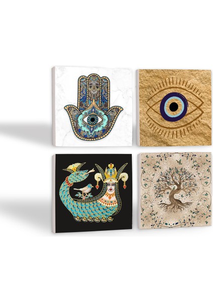 Nazar, Şahmeran, Hayat Ağacı, Fatma Ana Eli (Hamsa) Taş Bardak Altlığı – 4’lü Set, 10x10 cm Dekoratif Masaüstü Koruyucu Doğaltaş Altlık |SC505| fiyatları