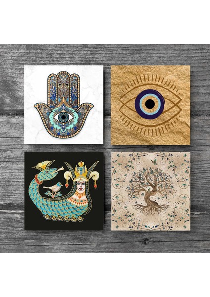Nazar, Şahmeran, Hayat Ağacı, Fatma Ana Eli (Hamsa) Taş Bardak Altlığı – 4’lü Set, 10x10 cm Dekoratif Masaüstü Koruyucu Doğaltaş Altlık |SC505| modelleri