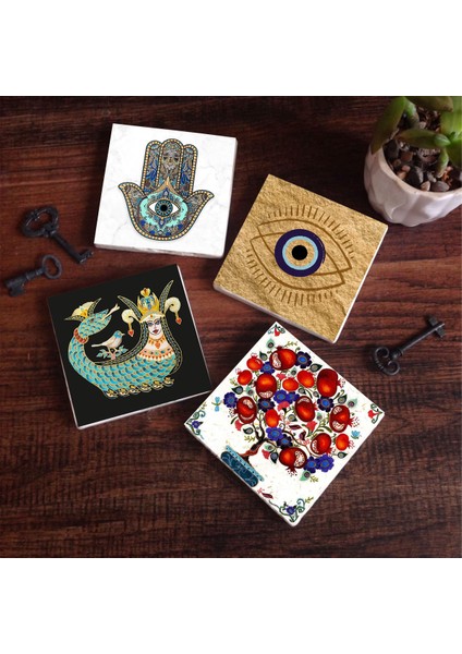 Nazar, Şahmeran, Nar Ağacı, Fatma Ana Eli (Hamsa) Taş Bardak Altlığı Masaüstü Koruyucu Altlık 4 Parça Set 10x10cm Stone Coasters SC506