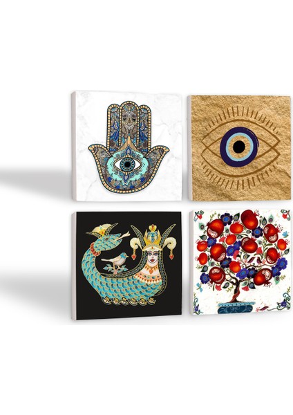 Nazar, Şahmeran, Nar Ağacı, Fatma Ana Eli (Hamsa) Taş Bardak Altlığı Masaüstü Koruyucu Altlık 4 Parça Set 10x10cm Stone Coasters SC506