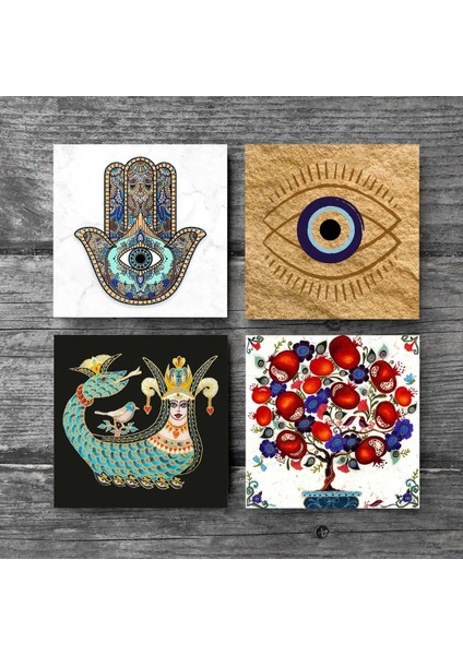 Nazar, Şahmeran, Nar Ağacı, Fatma Ana Eli (Hamsa) Taş Bardak Altlığı Masaüstü Koruyucu Altlık 4 Parça Set 10x10cm Stone Coasters SC506