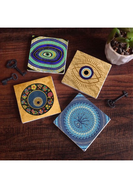 Stone Nazar Taş Bardak Altlığı – 4’lü Set, 10x10 cm Dekoratif Masaüstü Koruyucu Doğaltaş Altlık |SC514|