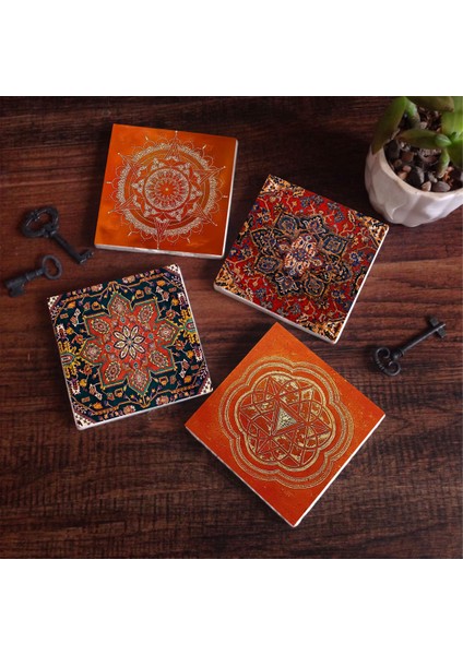 Desen, Sri Yantra, Mandala Taş Bardak Altlığı – 4’lü Set, 10x10 cm Dekoratif Masaüstü Koruyucu Doğaltaş Altlık |SC307|