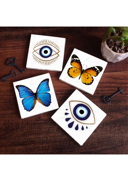 Stone Nazar, Kelebek Taş Bardak Altlığı – 4’lü Set, 10x10 cm Dekoratif Masaüstü Koruyucu Doğaltaş Altlık |SC308|