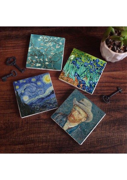 Van Gogh İrisler, Yıldızlı Gece, Badem Ağacı, Otoportre Taş Bardak Altlığı Masaüstü Koruyucu Altlık 4 Parça Set 10x10cm Stone Coasters SC110