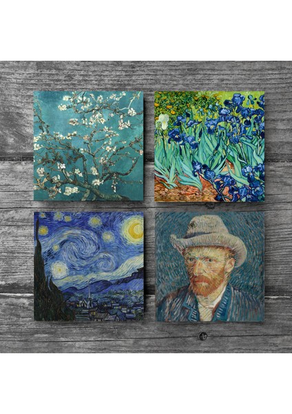 Van Gogh İrisler, Yıldızlı Gece, Badem Ağacı, Otoportre Taş Bardak Altlığı Masaüstü Koruyucu Altlık 4 Parça Set 10x10cm Stone Coasters SC110 modelleri