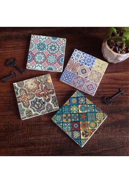Etnik Desen Taş Bardak Altlığı – 4’lü Set, 10x10 cm Dekoratif Masaüstü Koruyucu Doğaltaş Altlık |SC111|