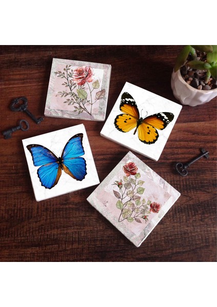 Stone Gül Çiçek, Kelebek Taş Bardak Altlığı – 4’lü Set, 10x10 cm Dekoratif Masaüstü Koruyucu Doğaltaş Altlık |SC311|