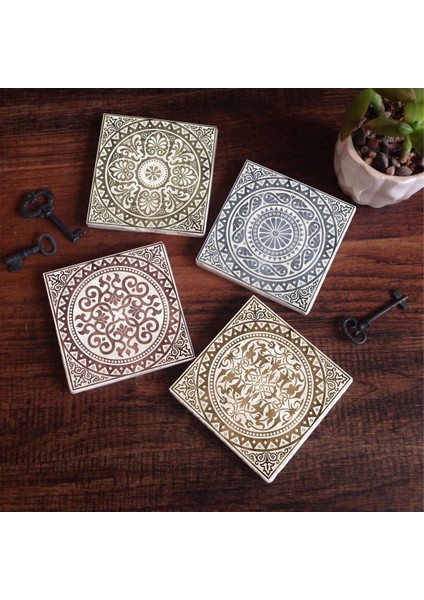 Stone Etnik Desen Taş Bardak Altlığı – 4’lü Set, 10x10 cm Dekoratif Masaüstü Koruyucu Doğaltaş Altlık |SC114|