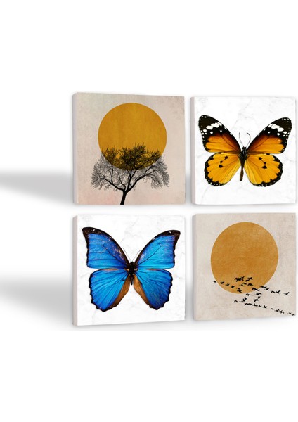 Minimalist, Kelebek Taş Bardak Altlığı Masaüstü Koruyucu Altlık 4 Parça Set 10x10cm Stone Coasters SC312