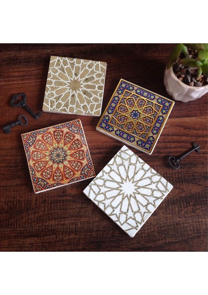 Etnik Desen Taş Bardak Altlığı Masaüstü Koruyucu Altlık 4 Parça Set 10x10cm Stone Coasters SC115