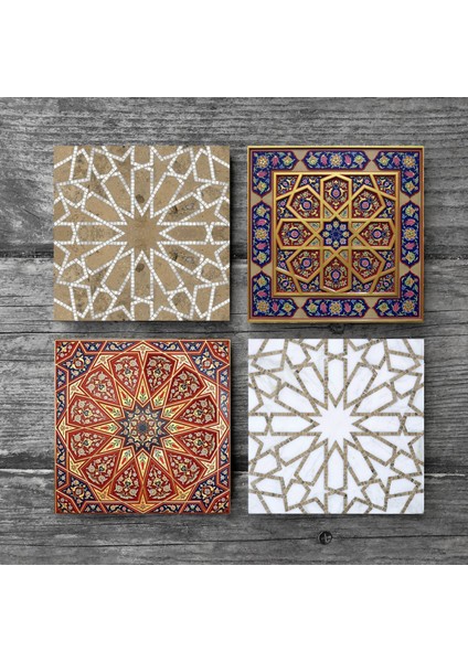 Etnik Desen Taş Bardak Altlığı Masaüstü Koruyucu Altlık 4 Parça Set 10x10cm Stone Coasters SC115 modelleri
