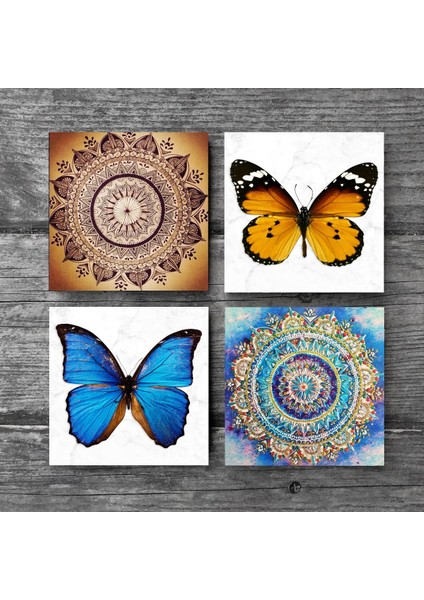 Stone Mandala, Kelebek Taş Bardak Altlığı – 4’lü Set, 10x10 cm Dekoratif Masaüstü Koruyucu Doğaltaş Altlık |SC313| modelleri