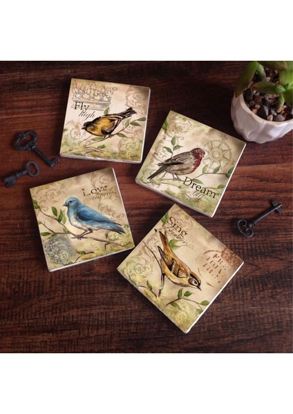 Serçe Kuş Taş Bardak Altlığı – 4’lü Set, 10x10 cm Dekoratif Masaüstü Koruyucu Doğaltaş Altlık |SC117|
