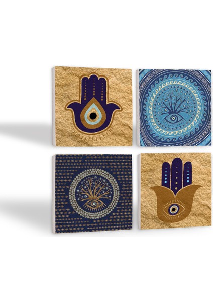Fatma Ana Eli (Hamsa), Nazar Ağaç Taş Bardak Altlığı – 4’lü Set, 10x10 cm Dekoratif Masaüstü Koruyucu Doğaltaş Altlık |SC316| fiyatları