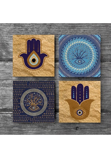 Fatma Ana Eli (Hamsa), Nazar Ağaç Taş Bardak Altlığı – 4’lü Set, 10x10 cm Dekoratif Masaüstü Koruyucu Doğaltaş Altlık |SC316| modelleri
