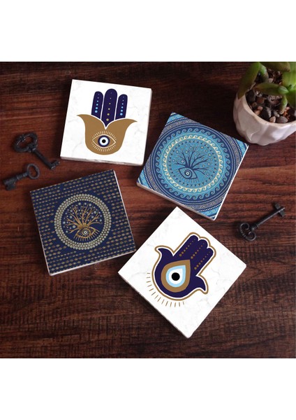 Stone Fatma Ana Eli (Hamsa), Nazar Ağaç Taş Bardak Altlığı – 4’lü Set, 10x10 cm Dekoratif Masaüstü Koruyucu Doğaltaş Altlık |SC317|