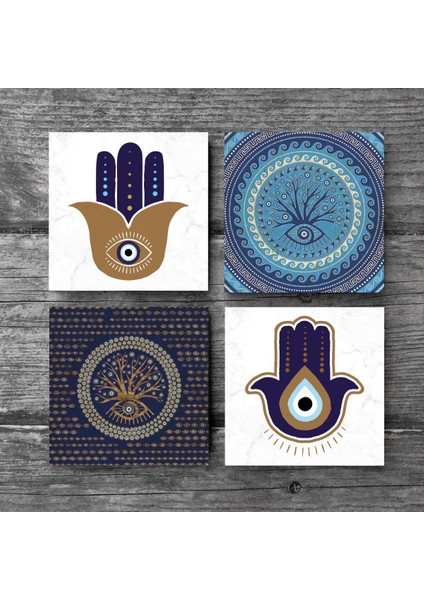 Stone Fatma Ana Eli (Hamsa), Nazar Ağaç Taş Bardak Altlığı – 4’lü Set, 10x10 cm Dekoratif Masaüstü Koruyucu Doğaltaş Altlık |SC317| modelleri