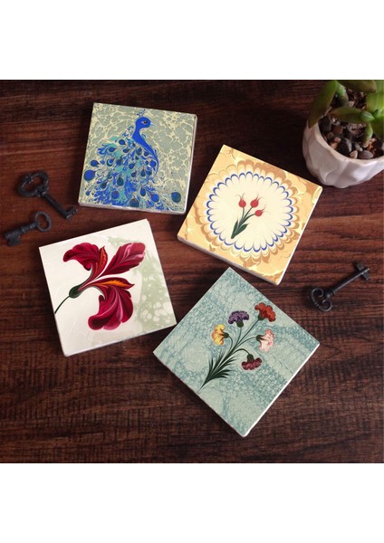 Ebru Sanatı, Lale, Tavus Kuşu Taş Bardak Altlığı – 4’lü Set, 10x10 cm Dekoratif Masaüstü Koruyucu Doğaltaş Altlık |SC120|
