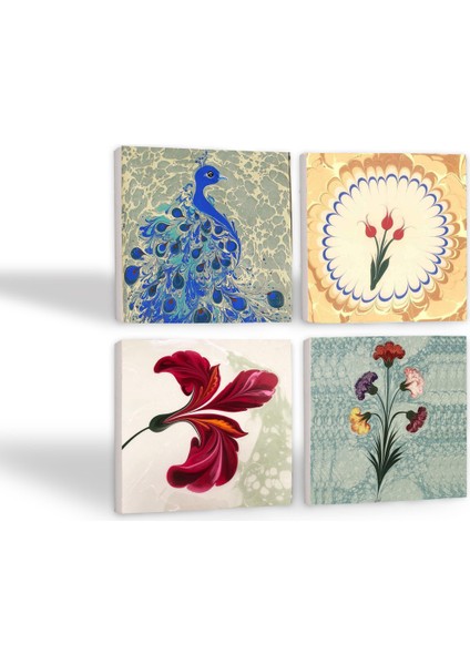 Ebru Sanatı, Lale, Tavus Kuşu Taş Bardak Altlığı – 4’lü Set, 10x10 cm Dekoratif Masaüstü Koruyucu Doğaltaş Altlık |SC120| fiyatları