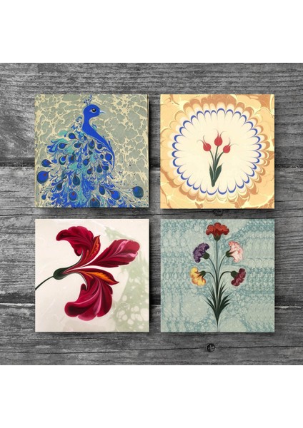 Ebru Sanatı, Lale, Tavus Kuşu Taş Bardak Altlığı – 4’lü Set, 10x10 cm Dekoratif Masaüstü Koruyucu Doğaltaş Altlık |SC120| modelleri