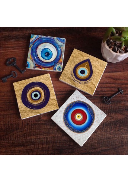 Stone Nazar Taş Bardak Altlığı – 4’lü Set, 10x10 cm Dekoratif Masaüstü Koruyucu Doğaltaş Altlık |SC516|