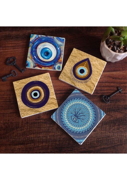Stone Nazar Taş Bardak Altlığı – 4’lü Set, 10x10 cm Dekoratif Masaüstü Koruyucu Doğaltaş Altlık |SC518|